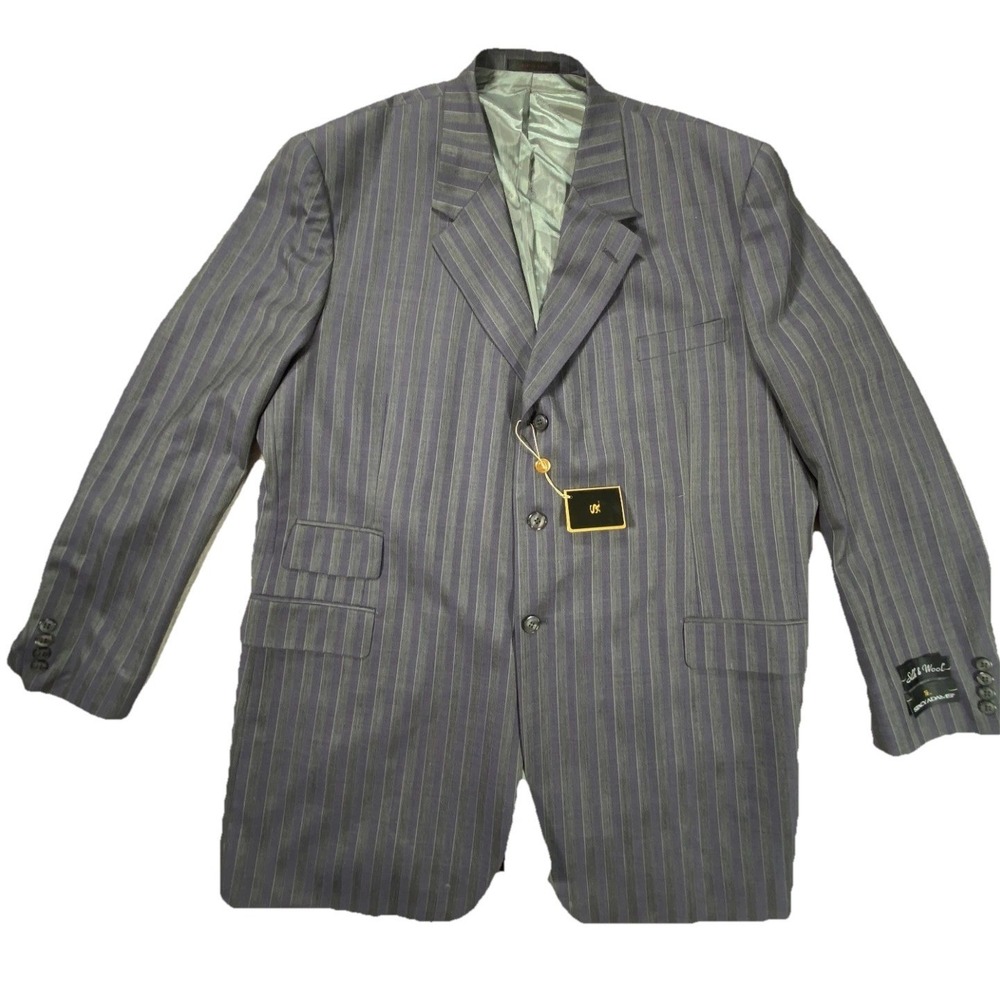 Stacy Adams Suit Jacket Mens‎ 48L Purple Gray Striped Wool 3 Button Formal Wear
